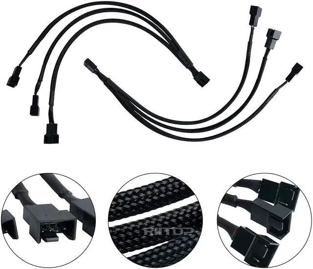 Alt view image 2 of 6 - RIITOP PWM Fan Splitter Adapter Cable Sleeved Braided Y Splitter Computer PC 4 Pin Fan Extension Power Cable 1 to 3 Converter 10 inches (2 Pack)