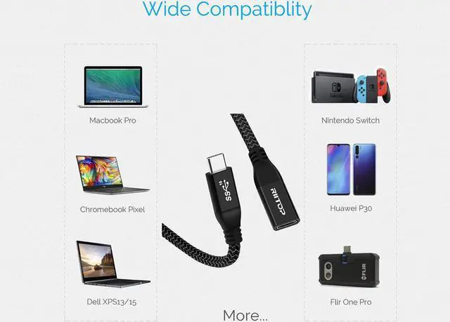 Alt view image 3 of 7 - RIITOP USB C Extension Cable 5.9 ft (2Pack), USB 3.1 Type C Male to Female Extender Cord, Gen2 10Gbps, Support Charging & Data for Nintendo Switch, MacBook Pro, Dell XPS, Oculus Quest