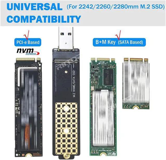 Alt view image 2 of 7 - Extermal NVMe to USB Enclosure Case 10Gbps, For PCIe NVMe M Key and B+M Key M.2 SSD, USB 3.1 Gen2 10Gpbs, Tool Free