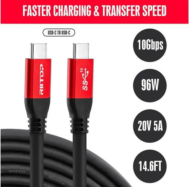 Alt view image 3 of 7 - USB C to USB C Fast Charging Cable 15Ft, RIITOP USB 3.1 Gen 2 10Gbps Type C Cable with E-Marker Chipset, PD Charging 96W(20V 5A),Compatible with Gaming Box, Digital Camera, Oculus Quest 2 Link
