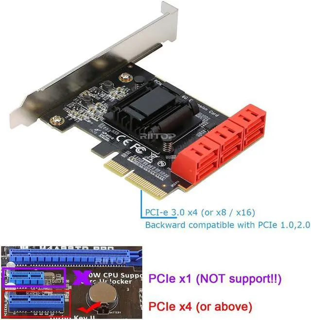 Alt view image 2 of 6 - PCIe SATA iii Card, RIITOP 6 Port SATA 3.0 PCI-e Expansion Card Adapter Converter ASM1166 Chipset Support SATA 6G AHCI SPAN (Only support PCIe x4 or above)