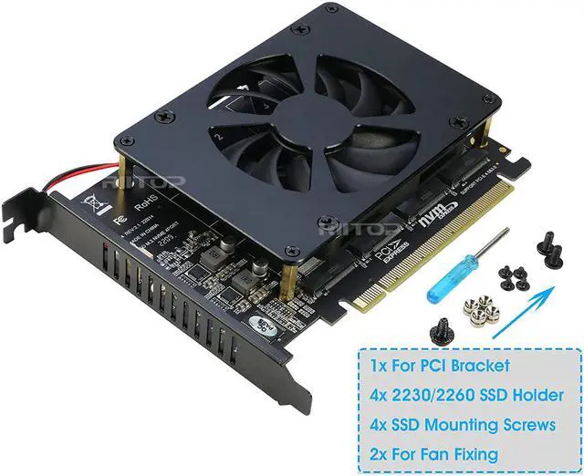 Alt view image 7 of 7 - Quad NVMe PCIe Adapter, RIITOP 4 Port M.2 NVMe SSD to PCI-e 4.0/3.0 x16 Card with Fan for 2230/2242/2260/2280 SSD (PCI-e Bifurcation Required)
