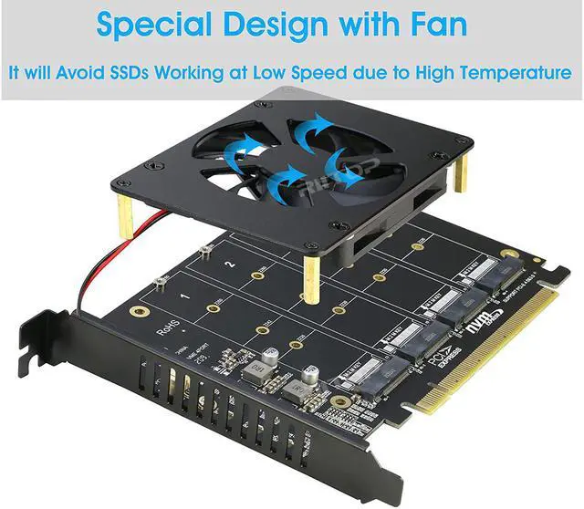Alt view image 4 of 7 - Quad NVMe PCIe Adapter, RIITOP 4 Port M.2 NVMe SSD to PCI-e 4.0/3.0 x16 Card with Fan for 2230/2242/2260/2280 SSD (PCI-e Bifurcation Required)