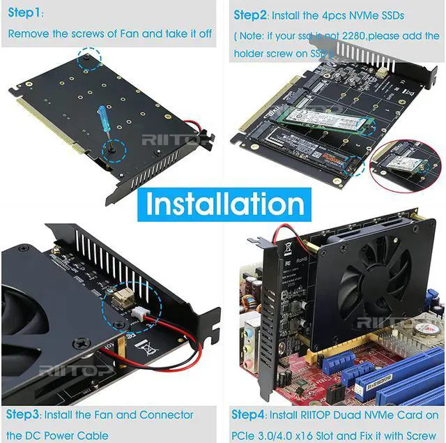 Alt view image 6 of 7 - Quad NVMe PCIe Adapter, RIITOP 4 Port M.2 NVMe SSD to PCI-e 4.0/3.0 x16 Card with Fan for 2230/2242/2260/2280 SSD (PCI-e Bifurcation Required)