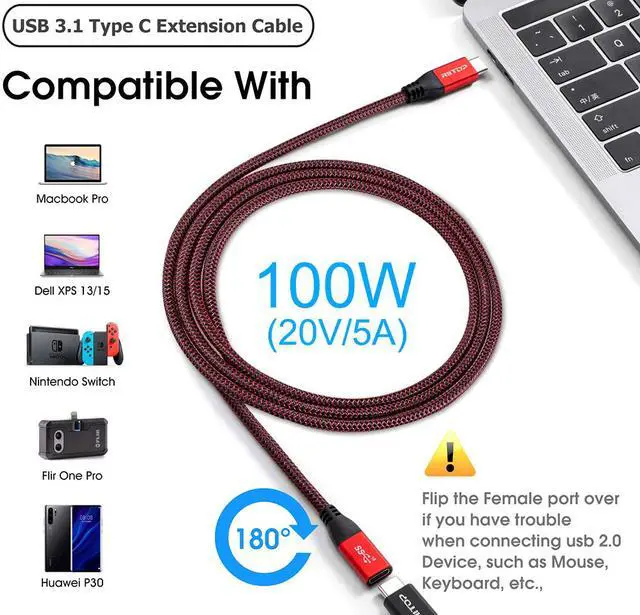 Alt view image 4 of 7 - USB Type C Extension Cable 10Gbps Data Transfer, Fast Charge 100W, HD 4K @60Hz Video Output, Braided USB Type C Cord 6ft Male to Female for MacBook Pro 2020, iPad Pro 2020, iPad Air 4, Galaxy S20