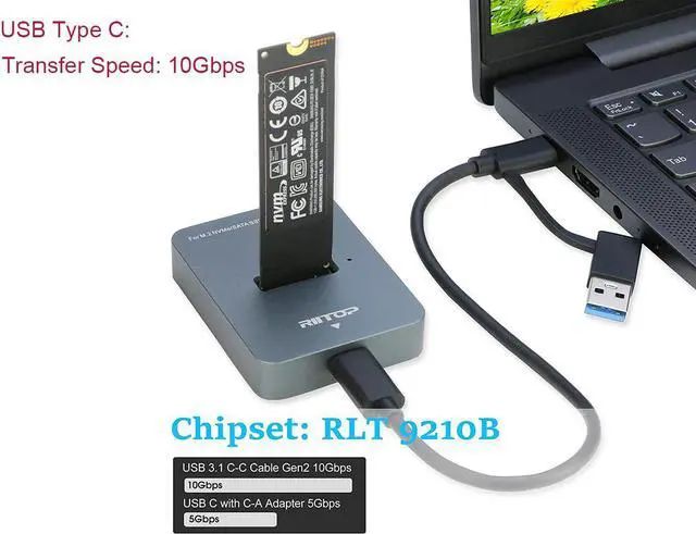 Alt view image 4 of 7 - M.2 NVMe to USB C Docking Station, RIITOP External M.2 SSD to USB-C Reader Adapter for Both PCIe NVMe SSD M Key and B+M Key SATA-Based SSD