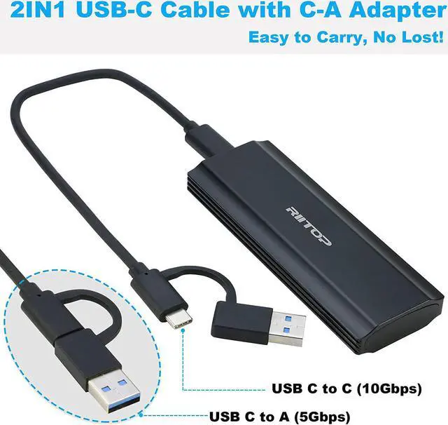 Alt view image 5 of 7 - M.2 NVMe SSD Enclosure Case 10Gbps USB-C, RIITOP M.2 to USB 3.2 Type-C Reader Case (10Gbps) for Both M.2 PCI-e (M Key) NVMe SSD & (B+M Key) SATA-Based SSD