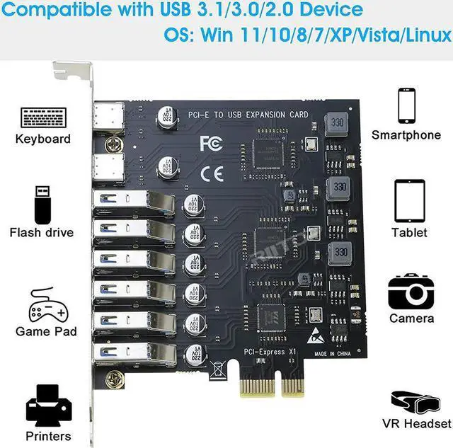 Alt view image 5 of 7 - PCI-E to 8 Port USB 3.0 (2xUSB-C, 6x USB-A ) Expansion Card 5Gbps,External PCI Express USB3.0 Adapter Card For Desktop PC PCI-e 1x, Support Windows 10/8/7/XP