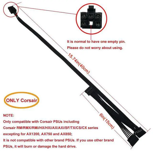 Alt view image 3 of 7 - SATA Power Cable for Corsair PSUs, 6 Pin to 3X 15 Pin SATA Hard Drive Power Adapter Splitter for BTC Mining Riser Card 15.7-in(40cm)