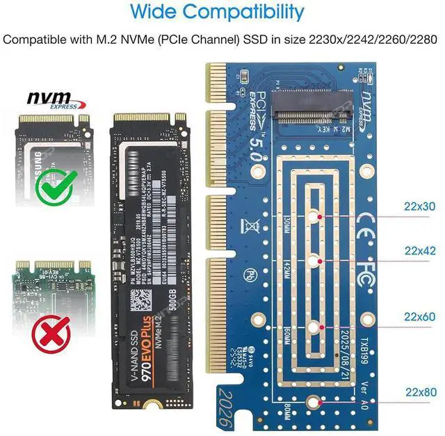 Alt view image 3 of 7 - M.2 NVMe to PCIE 5.0 4x 8x 16x Adapter Card, For M Key 2230 2242 2260 2280 mm Size PCIe M.2 SSD Full Speed