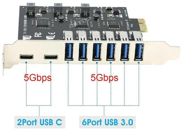 Alt view image 2 of 7 - PCI-E to 8 Port USB 3.0 (2xUSB-C, 6x USB-A ) Expansion Card 5Gbps, External PCI Express USB3.0 Adapter Card For Desktop PC PCI-e 1x, Support Windows 10/8/7/XP