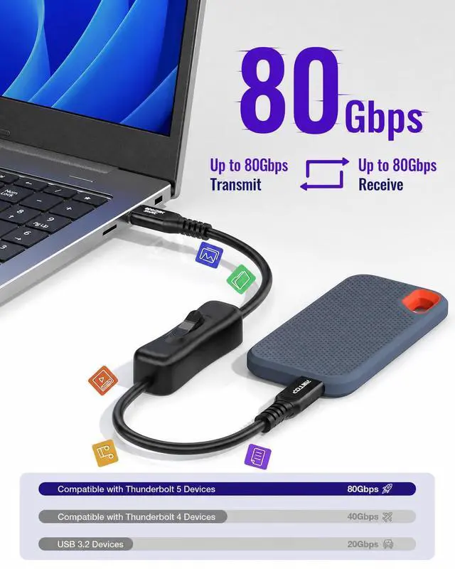 Alt view image 4 of 7 - 80Gbps USB C to C Cable with ON/OFF Switch 1FT 240W, Compatible with Thunderbolt 5