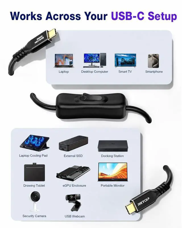 Alt view image 2 of 7 - 80Gbps USB C to C Cable with ON/OFF Switch 1FT 240W, Compatible with Thunderbolt 5