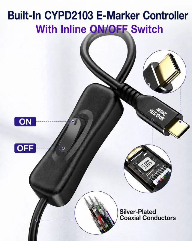 Alt view image 6 of 7 - 80Gbps USB C to C Cable with ON/OFF Switch 1FT 240W, Compatible with Thunderbolt 5