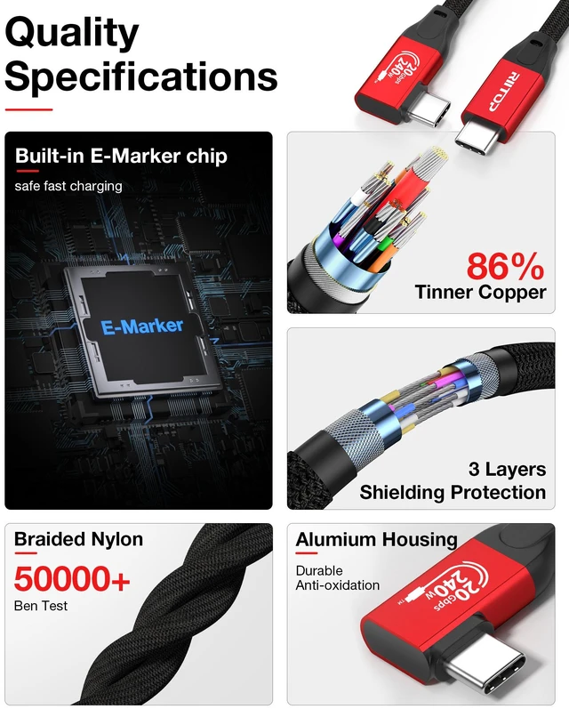Alt view image 6 of 7 - USB C to C Cable 20G 240W 4K@60Hz 15Ft Right Angled, Braided Nylon Extra Long High Speed USB-C Cable for iPhone 17, MacBook Pro/Air, Portable Monitor, USB-C Devices