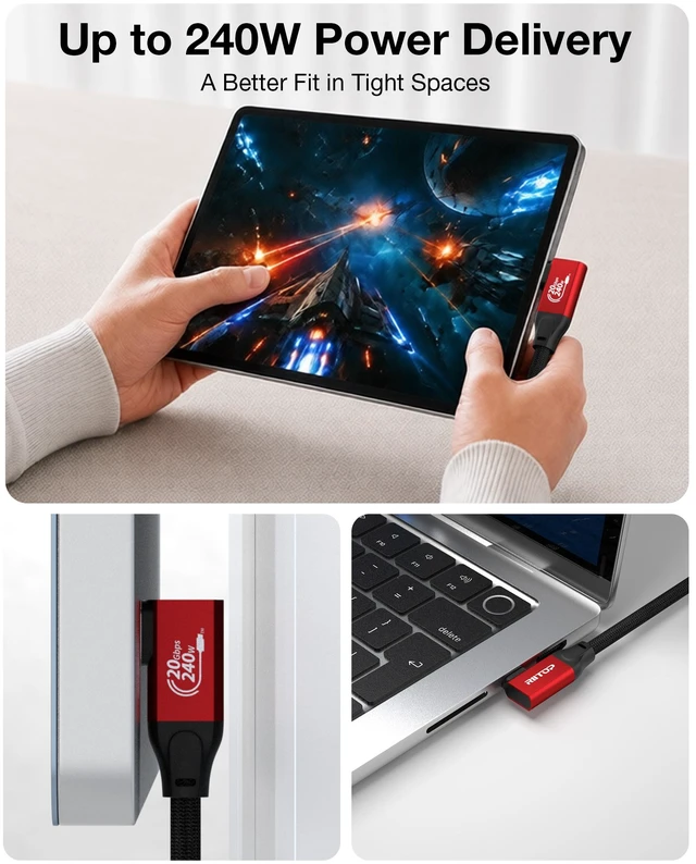 Alt view image 4 of 7 - USB C to C Cable 20G 240W 4K@60Hz 15Ft Right Angled, Braided Nylon Extra Long High Speed USB-C Cable for iPhone 17, MacBook Pro/Air, Portable Monitor, USB-C Devices