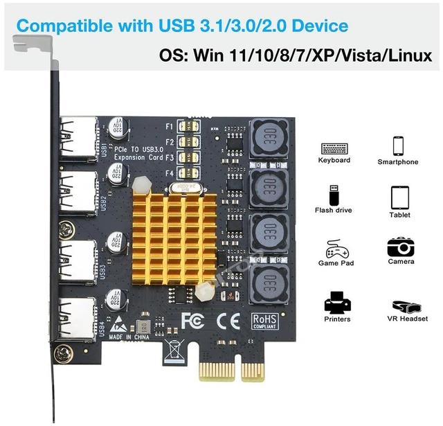 Alt view image 6 of 7 - 4 Port USB3.0 PCIe Expansion Card Adapter (No need power supply), Hi Speed 5Gbps UASP For Desktop PC Computer Windows Server, XP,7, Vista, 8, 8.1, 10, Build in Self-Powered