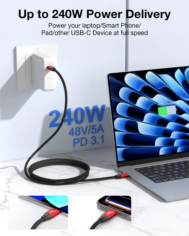 Alt view image 3 of 7 - RIITOP 20Gbps USB C to USB C Monitor Cable 5M, 8K@30Hz / 4K@60Hz Video, 240W Charging, 20Gbps Data Transfer, Works with CarPlay and Android Auto, 16.4FT
