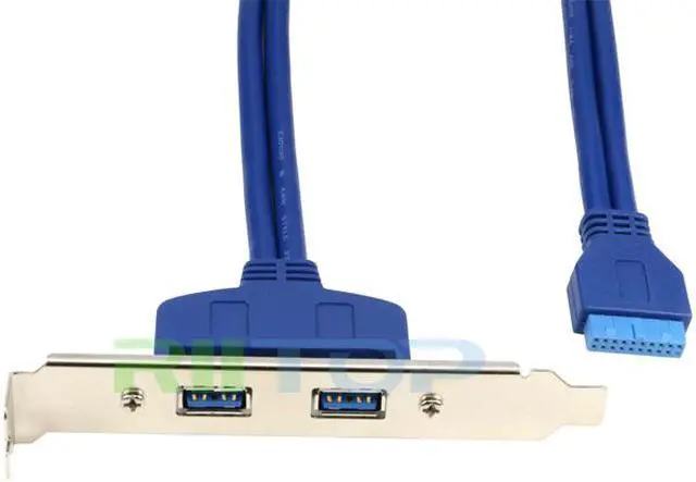 Alt view image 6 of 7 - Dual Port USB 3.0 Hub Combo Back Panel to Motherboard 20-pin Cable with PCI Bracket 50cm in Blue