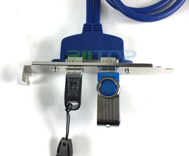 Alt view image 3 of 7 - Dual Port USB 3.0 Hub Combo Back Panel to Motherboard 20-pin Cable with PCI Bracket 50cm in Blue