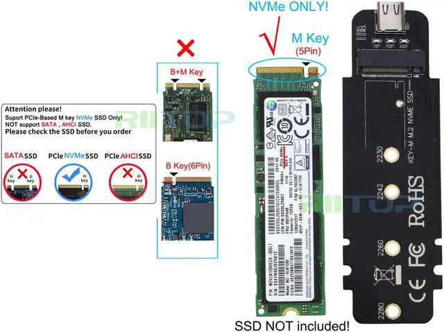Alt view image 2 of 7 - RIITOP NVMe Enclosure External M.2 PCI-e NVMe to USB C Adapter Enclosure Case (Gen 2) 10Gb for Samsung M-Key PCIe M.2 NVMe 960 970 Pro EVO SSD, Intel PM951 600P SSD - Aluminum in Black