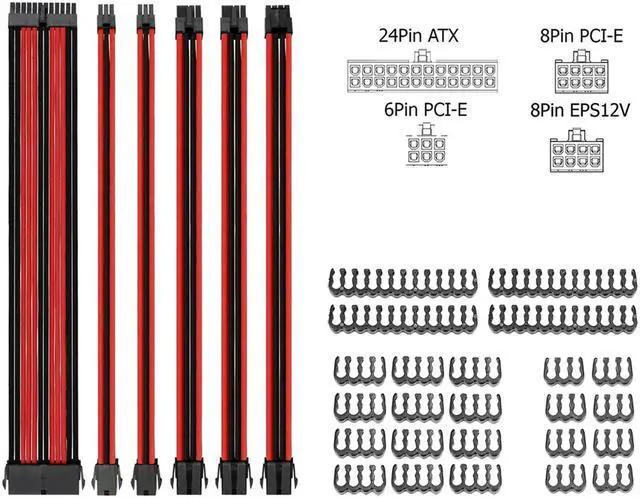 Main image of RIITOP ATX Sleeved Extension Power Supply Cable Kit 18AWG, PSU/ATX/EPS, 24 Pin, 8 Pin PCI-e, 6 Pin PCI-e, 6 + 2 Pin, with Cable Comb 24 Pieces Set