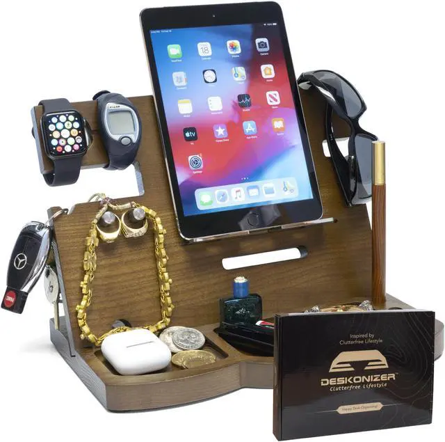 Alt view image 2 of 7 - DESKONIZER MOTHER'S DAY GIFT FATHER'S DAY GIFT: Ultimate Organizer, Finest Hardwood Wooden Phone Docking & Charging Stand, Hand-Crafted Nightstand Docking Station Father's Day Gift Desk Organizer