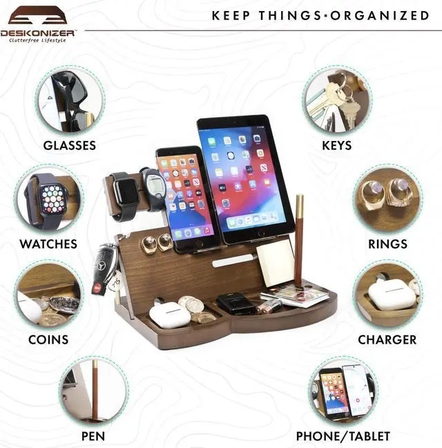 Alt view image 3 of 7 - DESKONIZER MOTHER'S DAY GIFT FATHER'S DAY GIFT: Ultimate Organizer, Finest Hardwood Wooden Phone Docking & Charging Stand, Hand-Crafted Nightstand Docking Station Father's Day Gift Desk Organizer