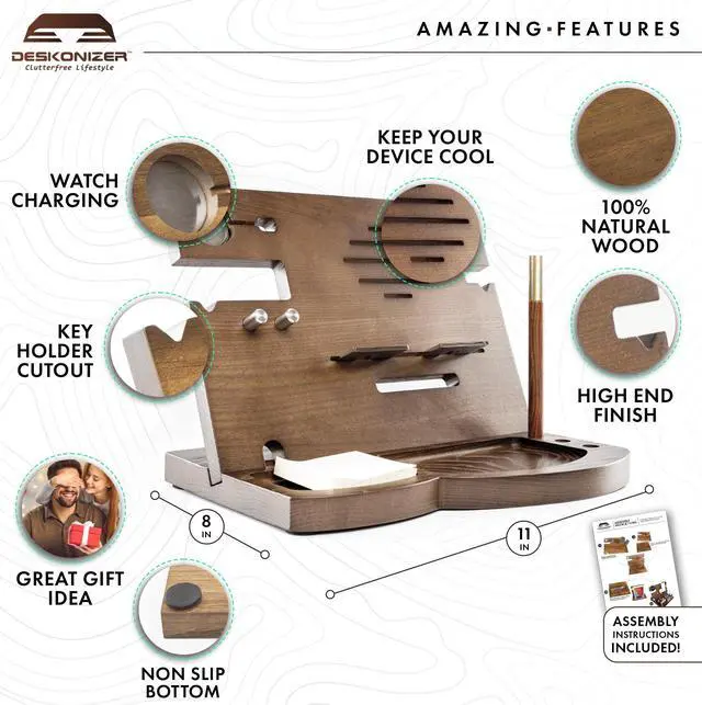 Alt view image 6 of 7 - DESKONIZER MOTHER'S DAY GIFT FATHER'S DAY GIFT: Ultimate Organizer, Finest Hardwood Wooden Phone Docking & Charging Stand, Hand-Crafted Nightstand Docking Station Father's Day Gift Desk Organizer