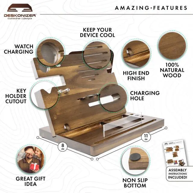 Alt view image 4 of 7 - DESKONIZER FATHER'S DAY GIFT: Ultimate Organizer, Finest Wooden Phone Docking & Charging Stand, Fathers Day Gift Desk Organizer, Hand-Crafted Nightstand Docking Station MOTHER'S GIFT