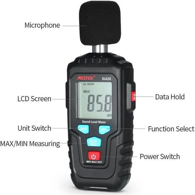 Alt view image 2 of 7 - MESTEK SL620 Decibel Meter Audio Level Meter Logger 30-135dB Noise Measurement Sound Level Meter Detector Diagnostic Tool