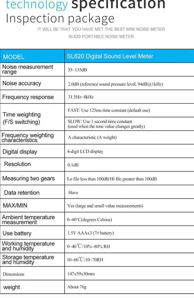Alt view image 6 of 7 - MESTEK SL620 Decibel Meter Audio Level Meter Logger 30-135dB Noise Measurement Sound Level Meter Detector Diagnostic Tool