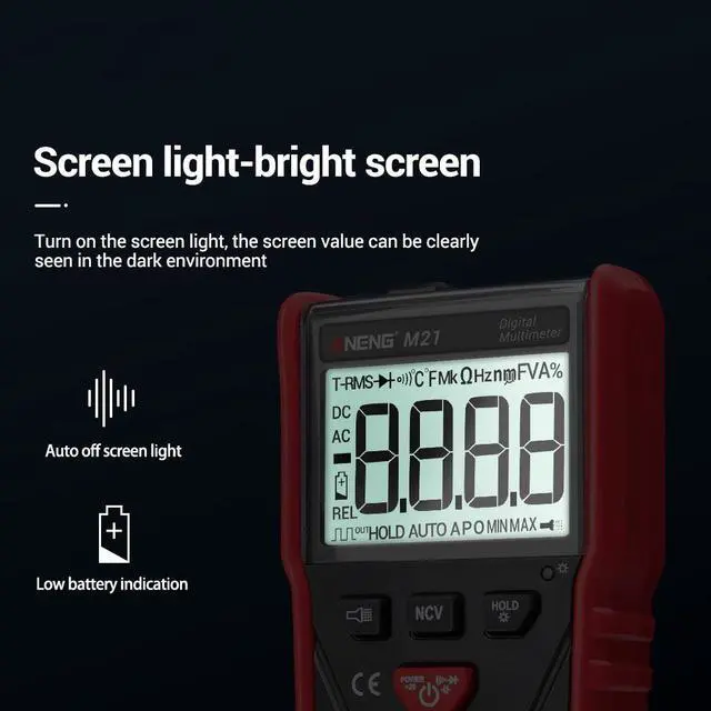Alt view image 3 of 7 - ANENG M21 Digital Auto Multimeter Meter with Backlight 6000 Counts Voltage Current Resistance Measurement Test Ammeter Voltmeter LCD Display - Red