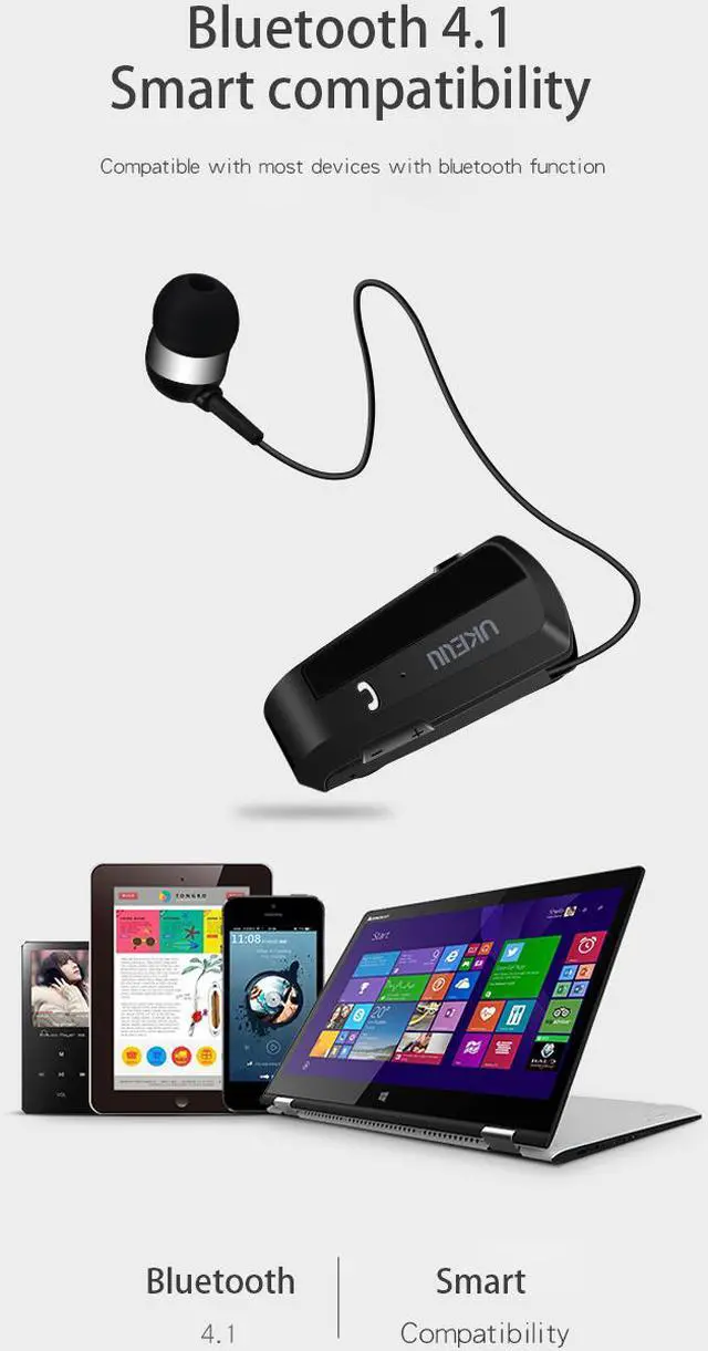 Alt view image 5 of 7 - UKELILI UK-100 Wireless Bluetooth V4.0 Headset In-Ear Vibrating Alert Wear Clip Hands Free Earphone For phones (White)