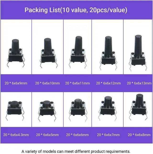 Alt view image 4 of 7 - 200Pcs 10 Value Tactile Push Button Switch Micro Momentary Tact Assortment Kit