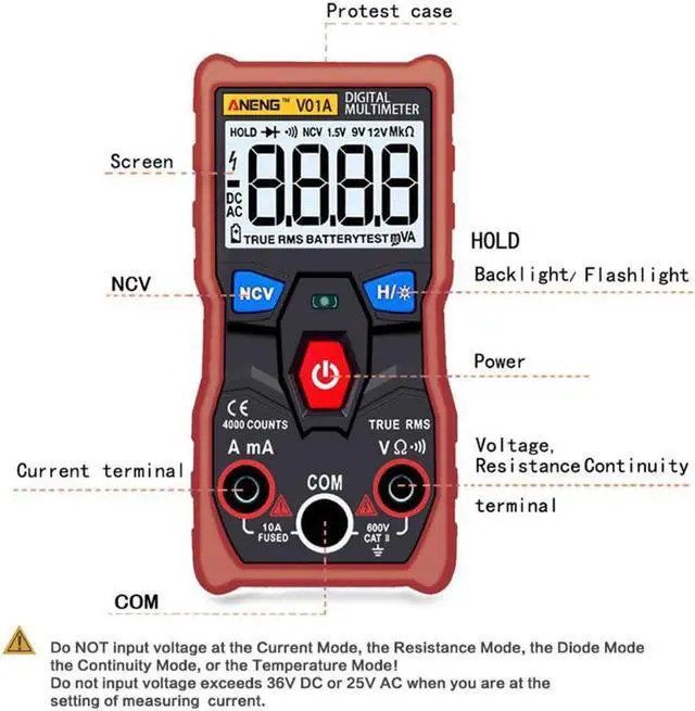 Alt view image 2 of 5 - ANENG V01A Digital Multimeter Automatic True-RMS intelligent NCV 4000 Counts AC/DC Voltage Current Ohm Test Tool - Red