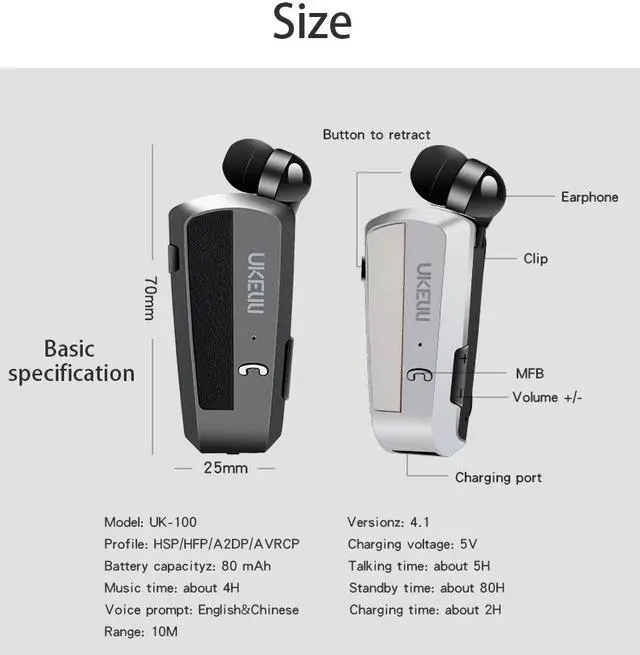 Alt view image 7 of 7 - UKELILI UK-100 Wireless Bluetooth V4.0 Headset In-Ear Vibrating Alert Wear Clip Hands Free Earphone For phones (White)