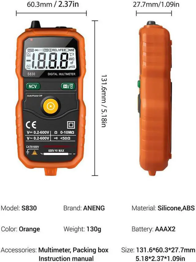 Alt view image 6 of 6 - ANENG S830 True RMS Digital Multimeter Smart Multimeter Measuring DC/AC Voltage Meter Resistance Tester with LCD Display - Orange