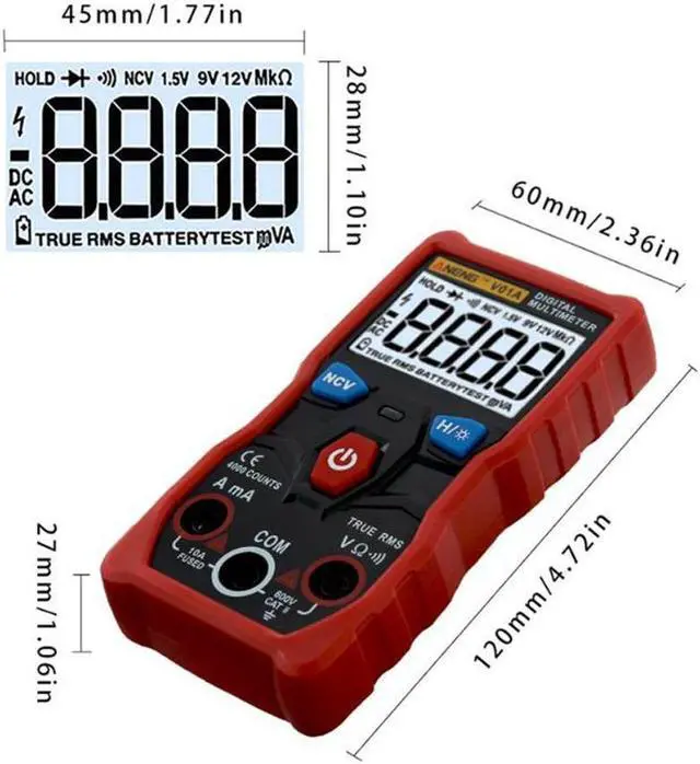 Alt view image 3 of 5 - ANENG V01A Digital Multimeter Automatic True-RMS intelligent NCV 4000 Counts AC/DC Voltage Current Ohm Test Tool - Red
