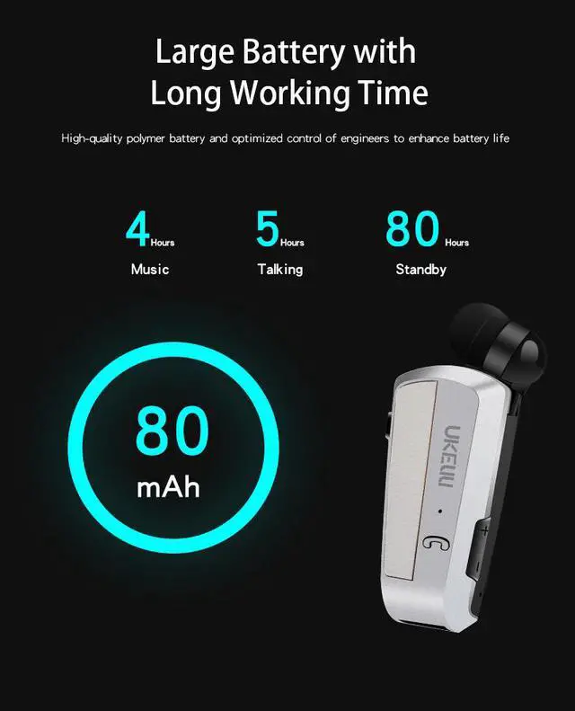 Alt view image 3 of 7 - UKELILI UK-100 Wireless Bluetooth V4.0 Headset In-Ear Vibrating Alert Wear Clip Hands Free Earphone For phones (White)