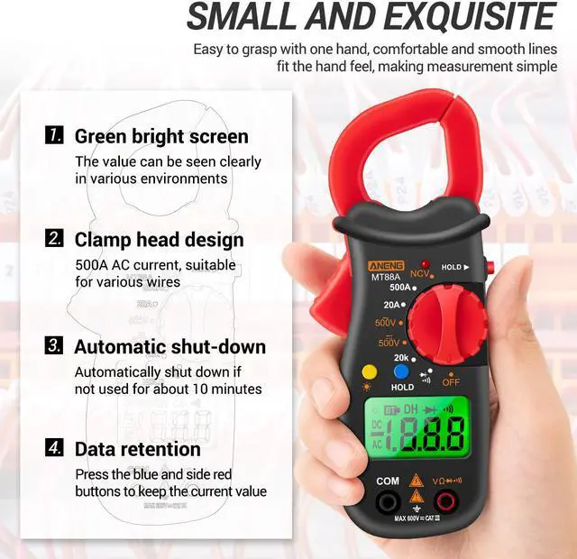Alt view image 3 of 7 - ANENG MT88A Clamp Meter Multimeter Meter 1999 Counts Auto Range Handheld Current Ammeter Frequency Capacitance Tester NCV Test