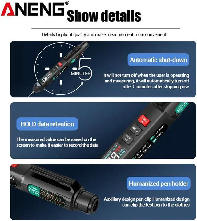 Alt view image 4 of 7 - ANENG A3008 Digital Multimeter Auto Intelligent Sensor Pen Tester 6000 Counts NonContact Voltage Meter Multimetre polimetro