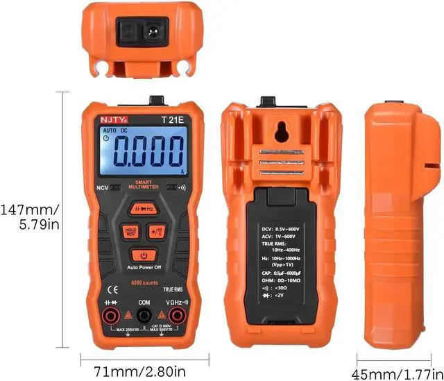 Alt view image 3 of 7 - NJTY T21E Mini Smart Multimeter 6000 Counts True RMS Universal Meter 2-inch LCD Digital Multi Meter Magnetic Adsorption Voltmeter Ohmmeter CATII 600V NCV ACV DCV Resistance Capacitance Buzzer and Cont