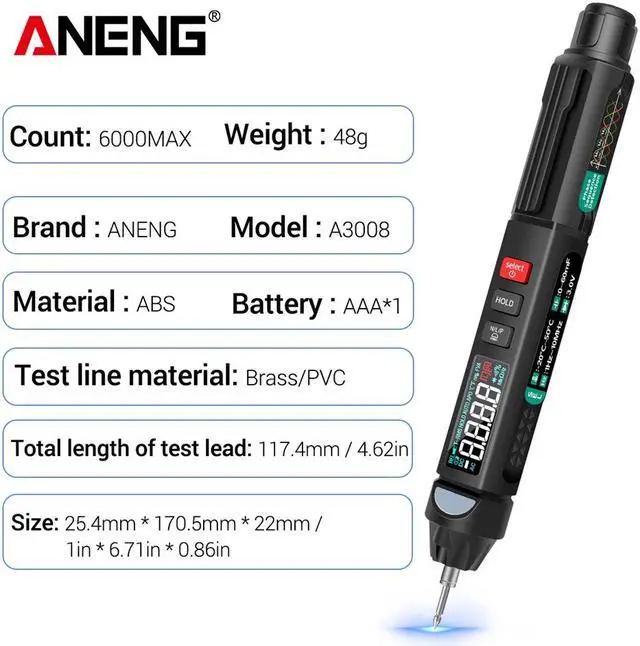 Alt view image 5 of 7 - ANENG A3008 Digital Multimeter Auto Intelligent Sensor Pen Tester 6000 Counts NonContact Voltage Meter Multimetre polimetro