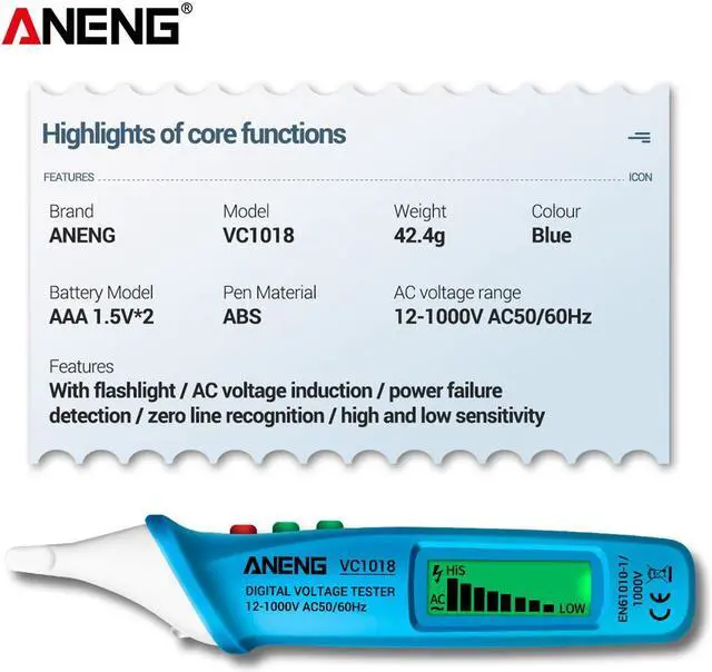 Alt view image 5 of 7 - ANENG VC1018 Electric Sensor Tester Pen Digital Intelligent AC Voltage Meter 1000V Voltmeter Buzzer Detector For Electric Tool - Blue
