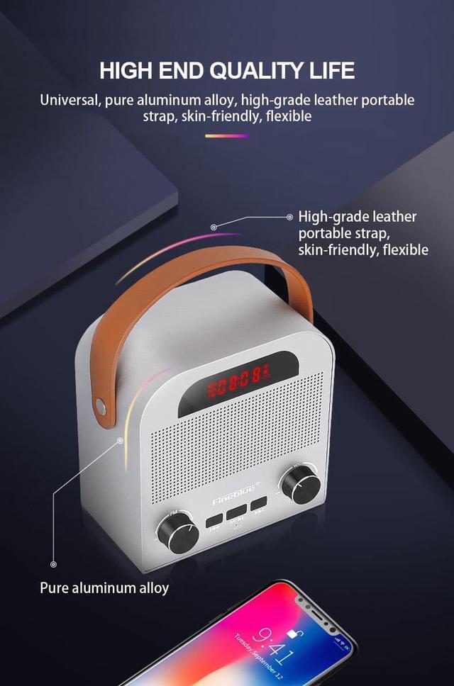 Alt view image 5 of 7 - Fineblue FM888 Tws Bluetooth Speaker Mobile Phone Overweight Subwoofer Steel Gun Fans Wireless Sound Portable Alarm Clock TF Aux (Gray)