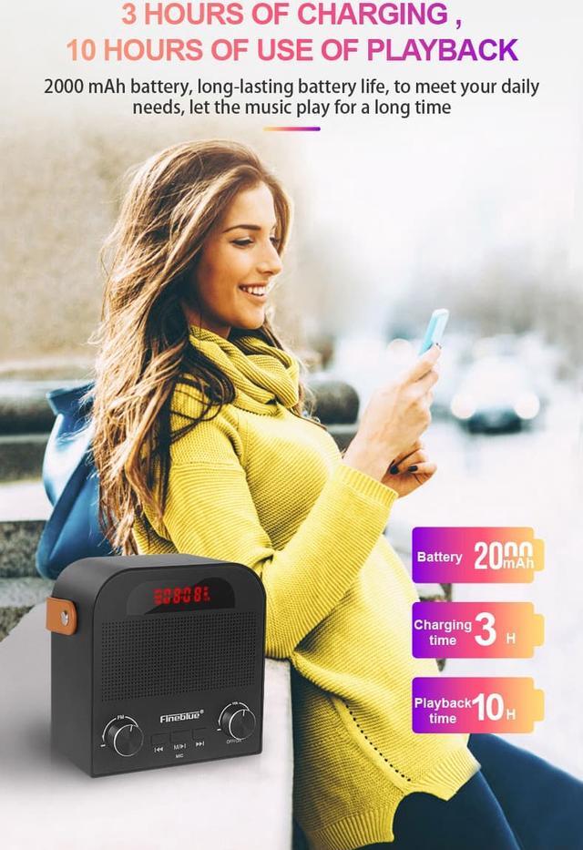 Alt view image 7 of 7 - Fineblue FM888 Tws Bluetooth Speaker Mobile Phone Overweight Subwoofer Steel Gun Fans Wireless Sound Portable Alarm Clock TF Aux (Gray)