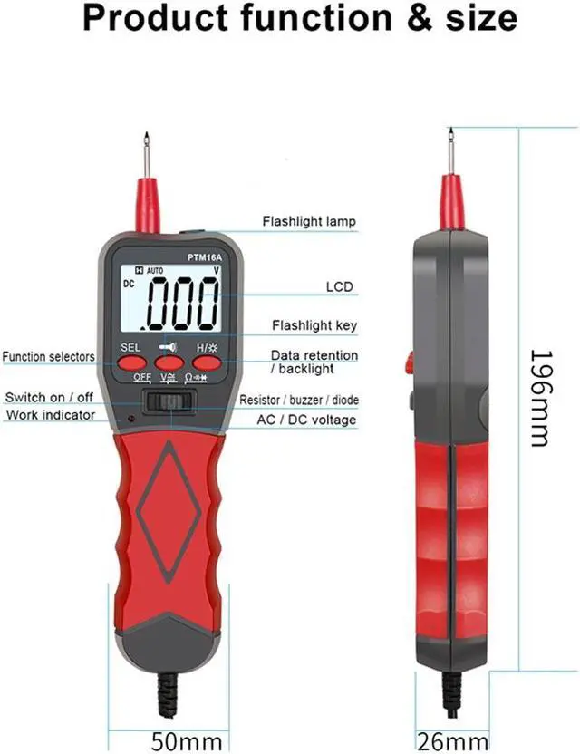 Alt view image 2 of 3 - PTM16A Handheld Pen Type Digital Multimeter DC/AC Voltage Meter Resistance Diode Continuity Tester Backlight LCD Display