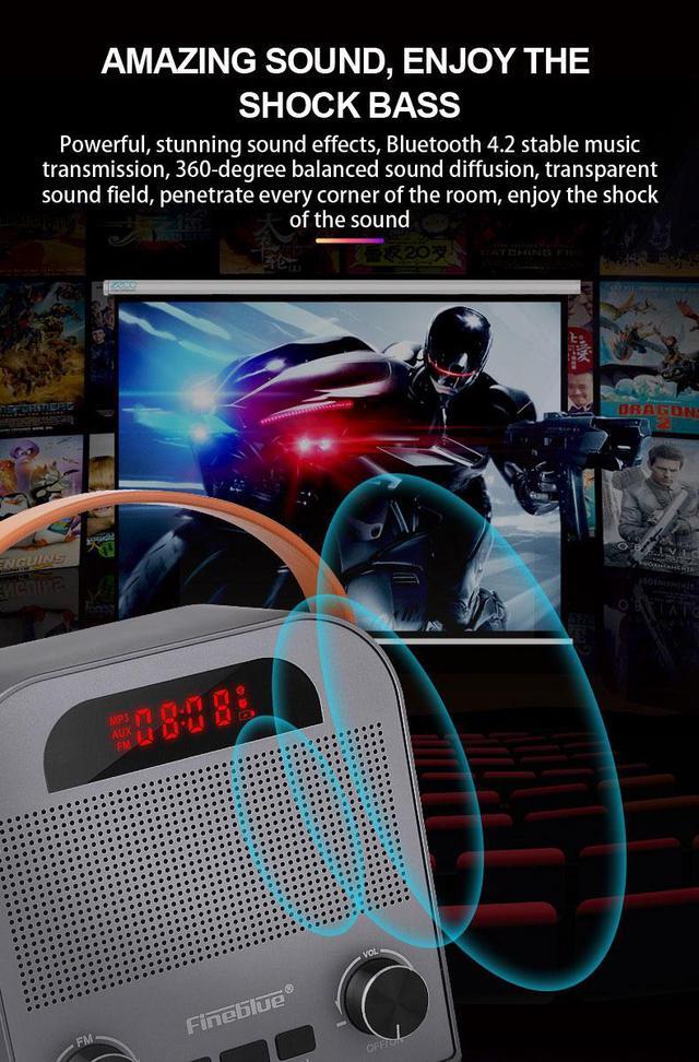 Alt view image 4 of 7 - Fineblue FM888 Tws Bluetooth Speaker Mobile Phone Overweight Subwoofer Steel Gun Fans Wireless Sound Portable Alarm Clock TF Aux (Gray)
