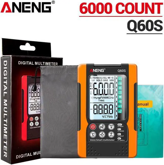 Alt view image 2 of 7 - ANENG Q60S Digital Multimeter Smart Mini Professional True Rms Multimeter AI Speech Recognition Transistor Tester 6000 Counts - Orange